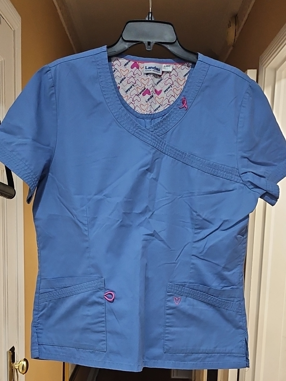 Landau Blue Women's Mock Wrap Scrub Top with Pink Accents